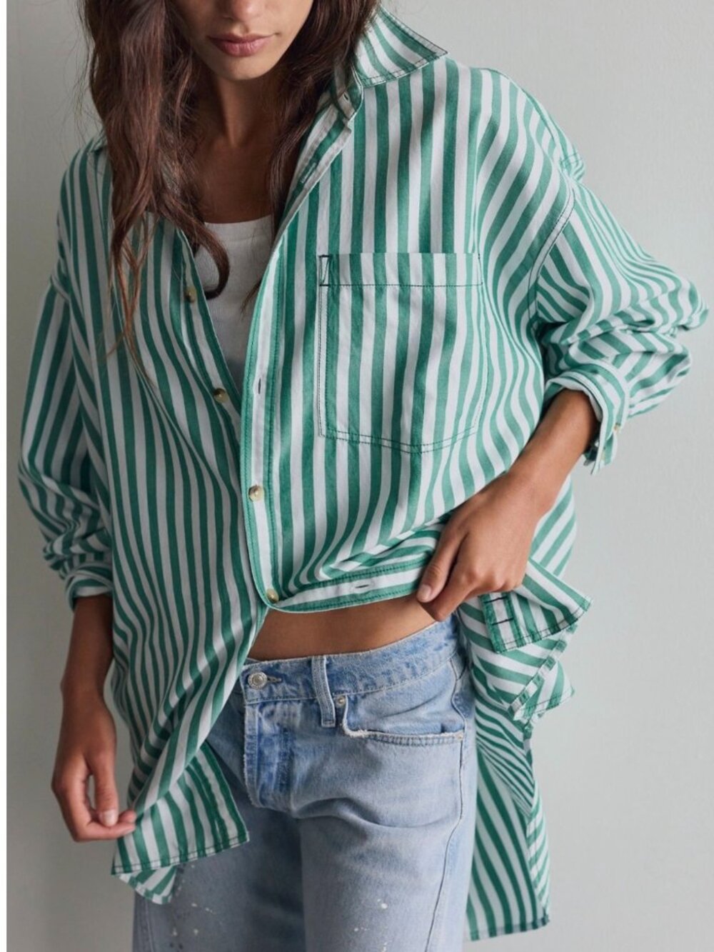We The Free Freddie Striped Shirt, French Green Combo, Size: Small